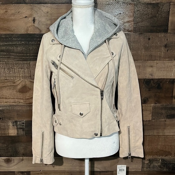 Blank NYC beige suede leather moto jacket coat removable hood women new $198.